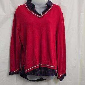 Tommy Hilfiger women's red V-neck layered-look cotton blend sweater. SIZE: XL